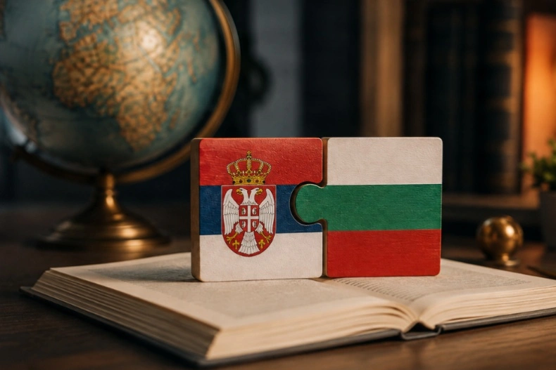 Slagalica sa zastavama Srbije i Bugarske na otvorenoj knjizi, simbol prevoda između srpskog i bugarskog jezika.